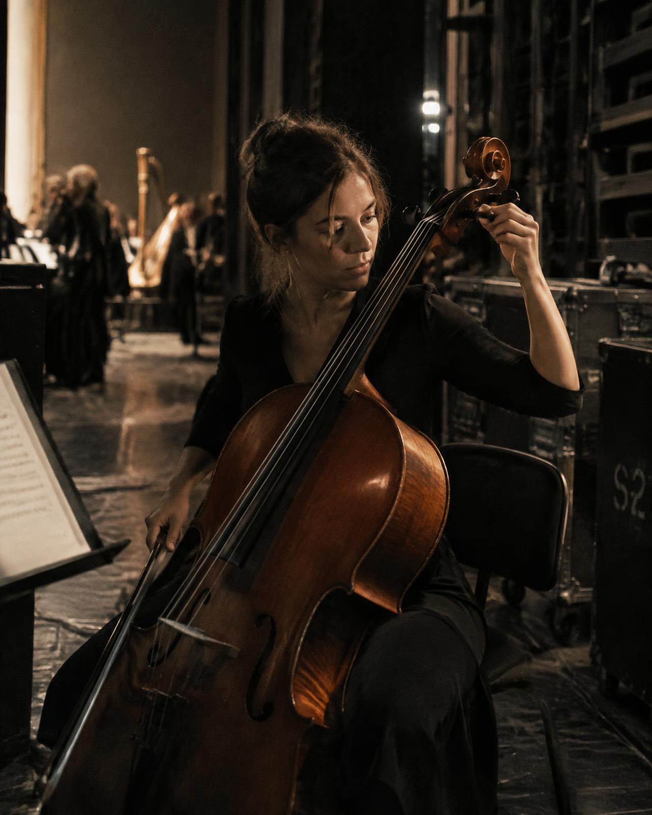 A cellist preparing before a performance — temporary editorial placeholder for approved Foundation photography