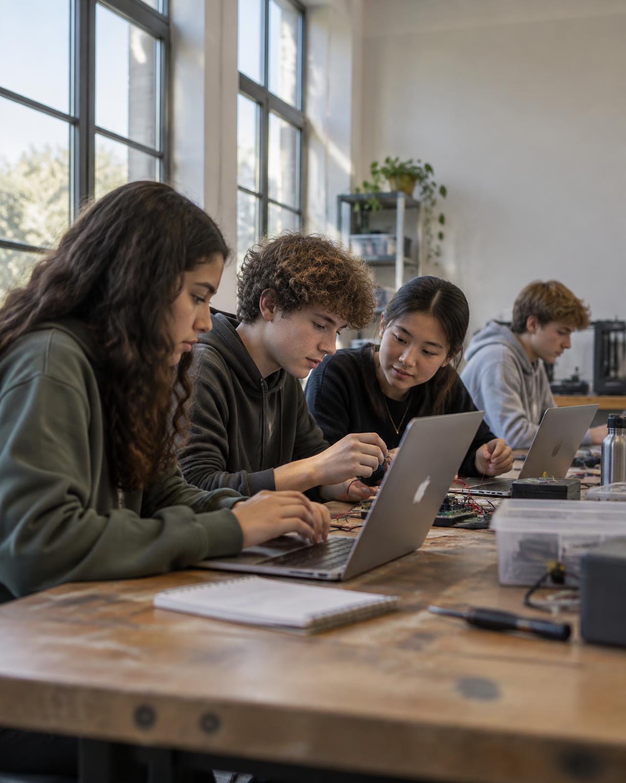 Students working together in a school makerspace — temporary editorial placeholder for approved Foundation photography